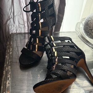 Vince Camuto Black Strappy Heels with Gold Accents